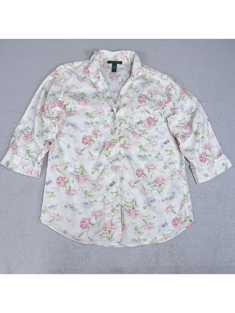 Lauren Ralph Lauren Size L  Button Up Floral Pajama Top Monogram Roll Tab Cuff